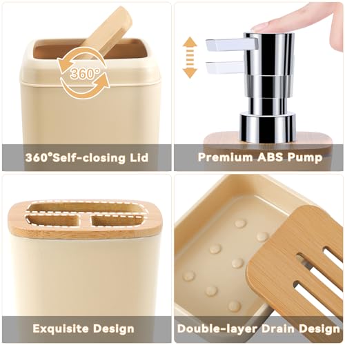 Beige Bathroom Accessories Set 9 Piece Bathroom Accessory Set with Trash Can,Toothbrush Holder,Toothbrush Cup,Lotion Soap Dispenser,Vanity Tray,Soap Dish,Toilet Brush,Qtip Holder - size: Bath Set, style: Beige