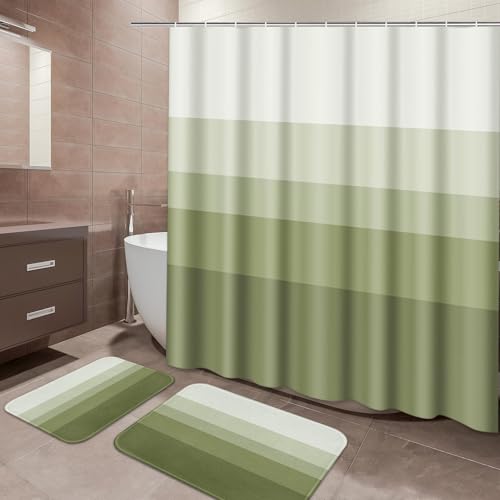 ArtSocket Green Olive Ombre Bathroom Set with Shower Curtain and Bath Rugs and Accessories, Striped Modern Neutral Non-Slip, 72" L x 72" W Curtain, 23.6" L x 15.7" W + 19.7"x 31.5" Rugs, 3 Pcs - color: Green Olive Ombre