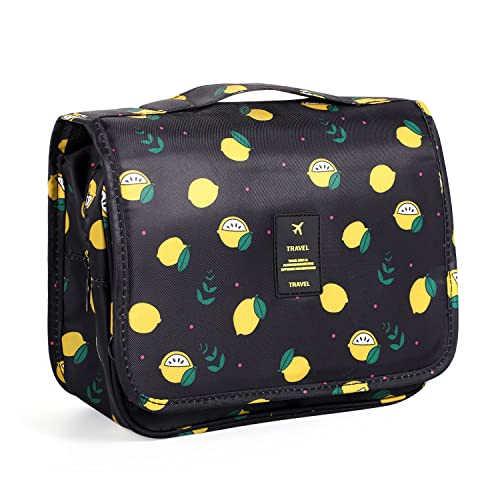 Pengxiaomei Hanging Toiletry Bag, Black Waterproof Cosmetic Bag Portable Lemon Makeup Pouch Travel Wash Bag with Handle for Woman Teen Girls Birthday Gifts - color: Black