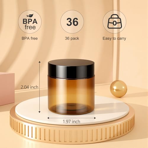 Loretoy 36 Pack 2 OZ Plastic Jars with Lids, BPA Free, Reusable, Refillable Transparent Cosmetic Containers for Bath Salts, Cosmetics, Powders, Beauty Product and Small Accessories, Brown - color: Brown, size: 2 Ounce