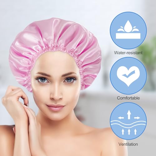 Shower Cap for Women Set of 4, Bath Caps, Double Layers Hair Caps + 2 Satin Hair Scrunchies, Reusable Waterproof Shower Caps, Elastic Hair Cap for Shower - Pattern B - color: Pattern B