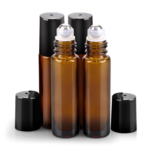 sungwoo 4 Pack Essential Oil Roller Bottles Stainless Steel, 10ml Amber Glass Roller Bottles with Caps for Travel, Perfume and Lip Gloss - color: Amber, style: 4 Pack