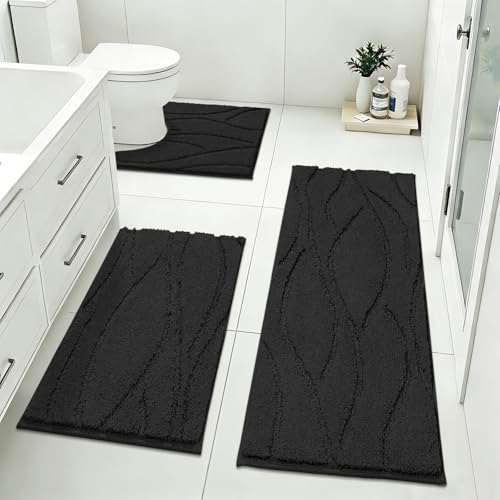Bsmathom Bathroom Rugs Sets 3 Piece, Soft Non Slip Microfiber Bath Mat and U-Shaped Contour Toilet Rug, Machine Washable Absorbent Shaggy Bathroom Set, Black - color: Black