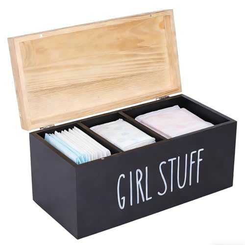 Bathroom Tampon Holder, Wooden Box With Lid, Covered Tray Organizer, Feminine Hygiene Storage Caddy for Countertop Vanity, Rustic Farmhouse Decor, Discreet Feminine Product Organizer for Guest Bath