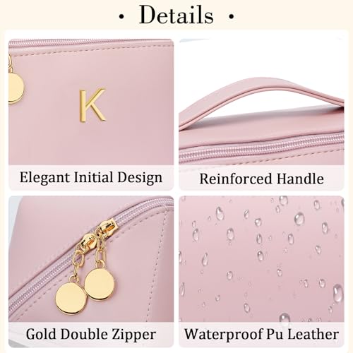 Initial Makeup Bag Gifts for Women Bridesmaid Gifts Travel Toiletry Personalized PU Leather Waterproof Cosmetic Bag (Medium-Pink-K) - color: MediumPink, style: K