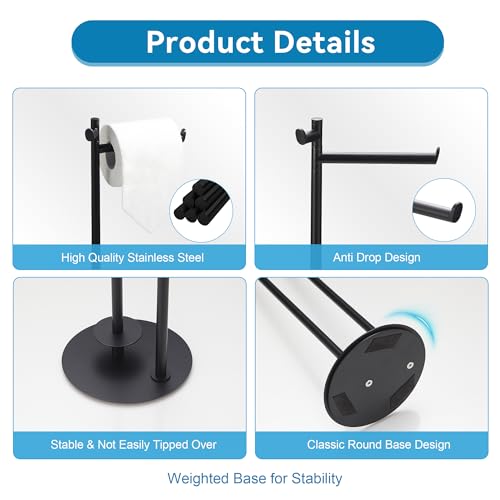 BGL Toilet Paper Holder Stand, SUS304 Stainless Steel Matte Black, Weighted Base, Holds 5 Jumbo Rolls, Space-Saving Modern Bathroom Storage with Built-in Hook - color: Matte Black