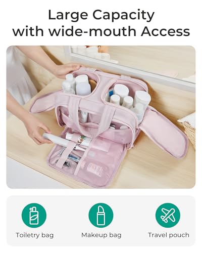 BAGSMART Travel Toiletry Bag, Crush Toiletry Bag for Women, Wide-open Puffy Toiletry Bags for Traveling, Large Travel Cosmetic Makeup Bag Organizer for Accessories,Toiletrie, Pink - color: d-Pink