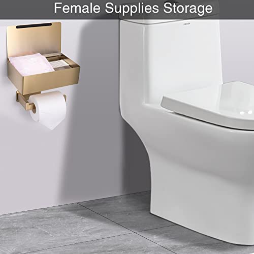 Adhesive Toilet Paper Holder with Shelf and Storage, Wall Mount Toilet Paper Roll Holder & Flushable Wipes Dispenser Set Fits Any Bathroom, Stainless Steel Tissue Holder-Square, Gold - color: Gold Square