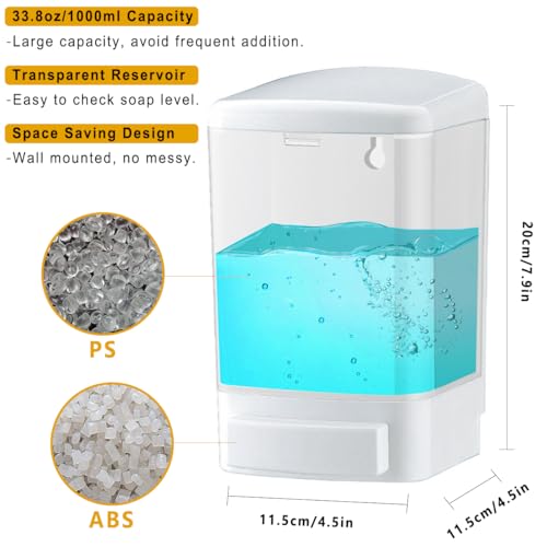 Manual Soap Dispenser Bathroom Kitchen Wall Mounted Commercial Soap Dispenser for Liquid Containers Shampoo Gel Chamber Plastic - (33.8 oz) 1000ml - color: White&transparent