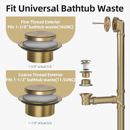 Brushed Gold Tub Drain Kit with Hair Catcher, Premium Brass Tip-Toe Bathroom Tub Drain Replacement and 2-Hole Overflow Faceplate, 11.5/16 UNC Bathtub Drain Stopper Assembly - color: Brushed Gold