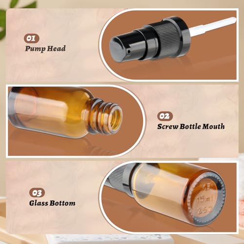 12 Pcs Amber Glass Pump Bottle Refillable Lotion Foundation Container Cosmetic Dispenser with Press Pump for Essence Lotion Travel - 15ml/0.5oz - size: 15 ml