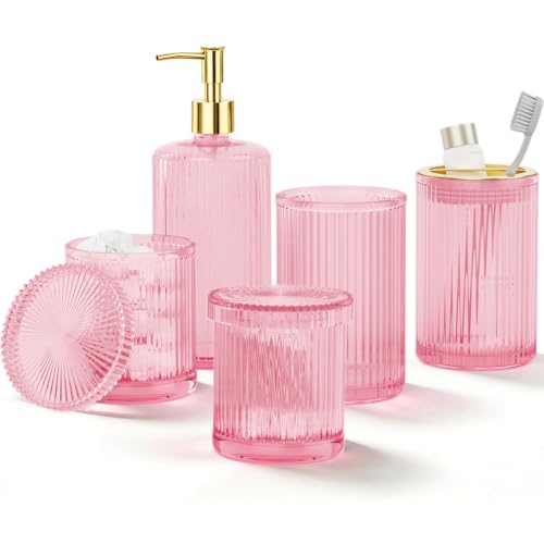 Pink Glass Bathroom Accessories Set 5 Piece, Vintage Ribbed Soap Dispenser, Toothbrush Holder, Tumbler, Qtip Jars, Cute Aesthetic Vanity Organizer for Home, Restroom Countertop Decor - color: Pink, size: 5 Pieces