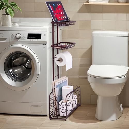 Oasis Creations Toilet Paper Holder Tissue Rack Stand with Magazine Toilet Roll Storage Basket- Freestanding, Bronze Metal - color: Bronze