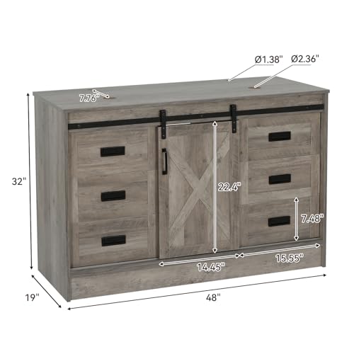 48 inch Barn Door Bathroom Vanity with 6 Drawers, Farmhouse Style Standing Pedestal Cabinet with Two Black and White Ceramic Boat Sink - color: Black and White Ceramic Boat Sink, size: 48"