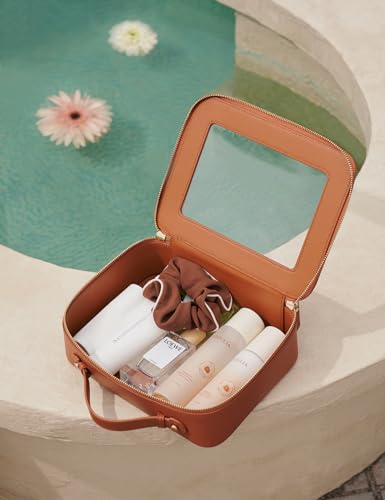 Popvibe Clear Makeup Bag Toiletry Case Travel Transparent Cosmetic Bag with Zipper, Portable Make Up Organizer Traveling Compact Car Bag for Essentials - color: Brown, style: Large Luxe