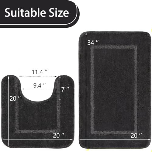 LOCHAS Bathroom Rug Set Dark Grey, Soft Bath Rug Set 2 Piece, Toilet Mat U-Shaped 20x20 and 34x20 Bath Rugs, Quickly Dry Mats for Bathroom, Tub, Washable, Super Absorbent Floor Mat - color: Dark Grey, size: 34" x 20" Plus 20" x 20" (U-Shape)