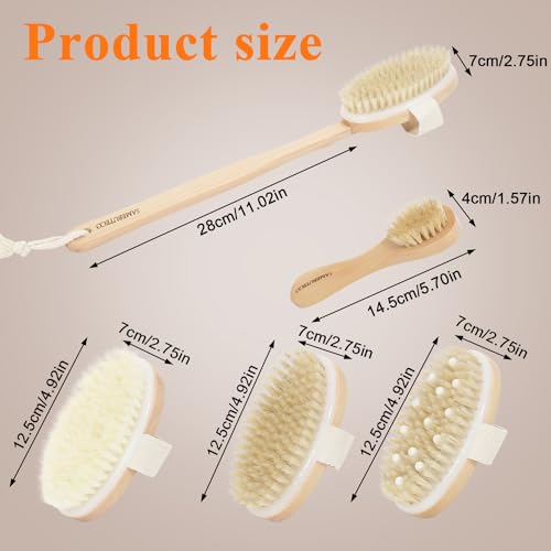 SAMEBUTECO Dry Brushing Body Brush Set with Slide-in Long Handle, 4-in-1 Wooden Bath Scrubber with Face Brush & 3 Interchangeable Heads (Boar Bristle, Soft Washer, Nodal Massager) for Exfoliating