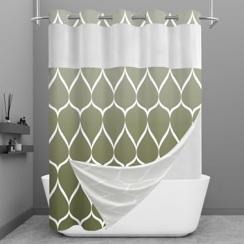 Yiatn No Hook Ombre Sage Green Shower Curtain with Snap in Fabric Liner Set - Hotel Style with See Through Mesh Top Window, 71x74 INCH - color: Ombre Sage Green, size: 71"W x 74"L (Pack of 1)