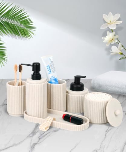 Beige Bathroom Accessory Set - 6 Pcs: Toothbrush Holder, Lotion & Foaming Soap Dispensers, Qtip Holder, Vanity Tray, Bathroom Tumbler - Countertop Organizer - color: Beige