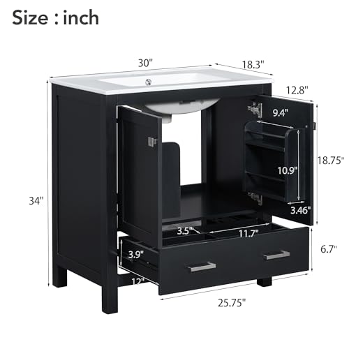 Linique 30" Modern Bathroom Vanity with Sink Combo Set, Solid Wood Frame Bathroom Storage Cabinet with 2 Soft Closing Doors and a Drawer, Multifunctional Storage, Black - color: Black