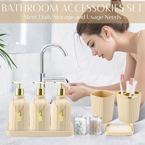 17PCS Bathroom Accessory Set Bathroom Set Beige Bathroom Accessories,Toilet Brush, Trash Can, Qtip Holder Dispenser& 3PCS Soap Dispenser - size: Bath Set with Swing-Top Trash Can, style: Beige