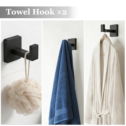 5-Pieces Wall Mount Bathroom Accessories Bathroom Hardware Set,23.6 Inch Stainless Steel Waterproof Towel Bars,Toilet Paper Holder with Shelf,Towel Ring,Coat Hook,Matte Black 5PC - Rectangle - color: Matte Black 5pc - Rectangle