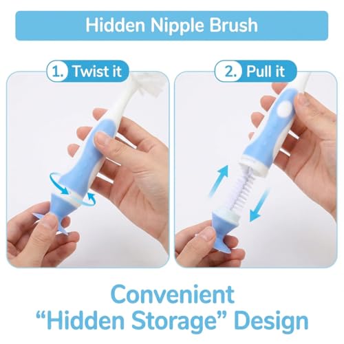 Ariseno 5-in-1 Baby Bottle Brush Set, Including Nylon and Silicone Bottle Brush, Bottle Cap, Straw and Nipple Cleaner, BPA-Free (Blue) - color: Blue-nylon Silicone