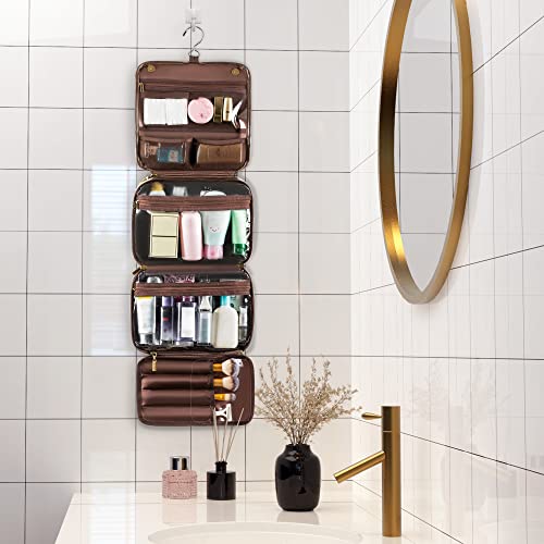 Elviros Hanging Toiletry Bag Removable Travel Bag PU leather Makeup Cosmetic Organizer Kit, Coffee - color: Coffee, size: 1 Pack