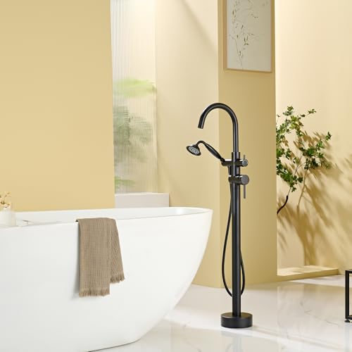 Wowkk Tub Filler Freestanding Bathtub Faucet Black Floor Mounted Brass Bathroom Tub Faucets with Hand Shower - color: Black
