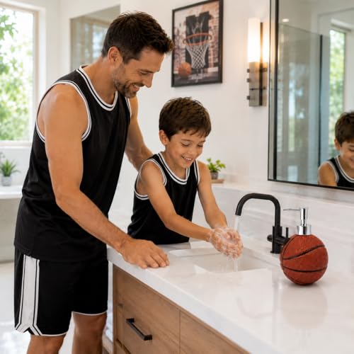 4-Piece Sports Bathroom Accessories Set Complete with Basketball Lotion/Soap Dispenser,Soccer Bath Cup/Tumbler,Base Ball Soap Dish,Football Toothbrush Holder - style: Sports Style Model