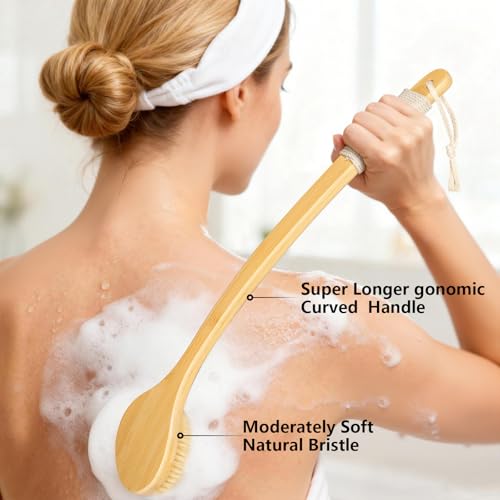 Back Scrubber Brush for Shower, 22" Curved Long Bamboo Handle Shower Brush, Antiskid Body Bath Brushes for Back Dry/Wet Brushing, Moderately Soft Natural Bristle Body Brush for Showering (Beige)
