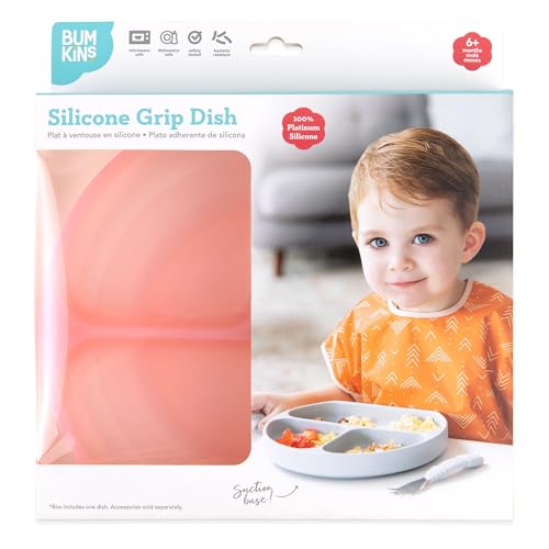 Bumkins Toddler and Baby Suction Plate, Silicone Divided Grip Dish for Babies and Kids, Baby Led Weaning, Children Feeding Supplies, Non Skid Sticky Bottom, Ages 6 Months Up, Pink Jelly - color: B3 Pink Jelly-GD