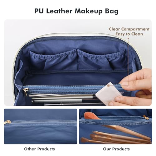 Prite Makeup Bag for Women Travel Waterproof Vegan Leather Cosmetic Bag Open Flat Toiletry Bag With Clear Divider and Handle (Blue Flower, Large) - color: Blue Flower, size: Large