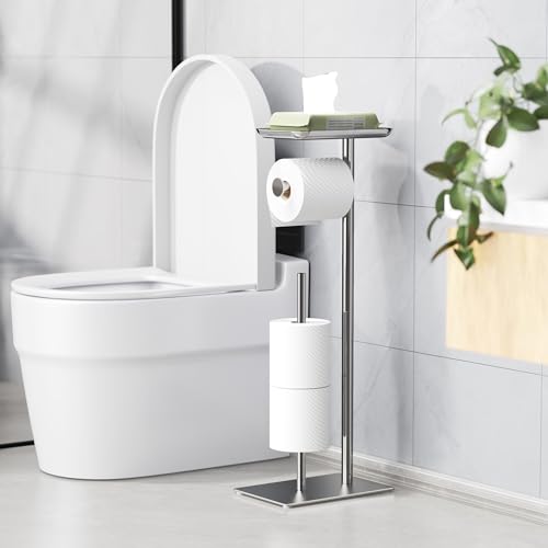 Toilet Paper Holder Stand with Top Storage Shelf, Free Standing Toilet Roll Dispenser for Bathroom, Holds 4 Reserve Rolls - color: Silver