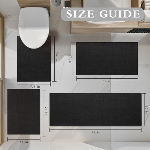YIHOUSE Black Bathroom Rug Sets 4 Piece, Absorbent Bath Mat for Bathroom Non Slip Washable, Bathroom Mat Quick Dry, Thin Bath Rug Set for Toilet and Floor - color: Black, size: 4 Piece