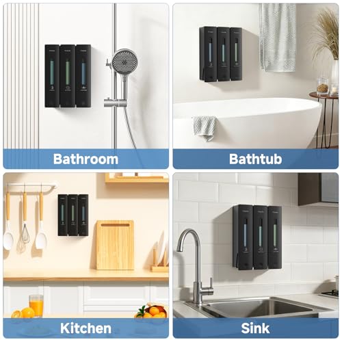 Shampoo and Conditioner Dispenser - Shower Soap Dispenser Wall Mounted No Drill - Shampoo Conditioner Body Wash Dispenser 3 Chamber - Easy Install for Bathroom Hotel Black 1200ml - color: Black 3