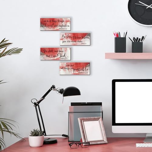 ZONWUTHY 4 Pcs Red Bathroom Decor Christian Wall Art Abstract Bible Verse Wall Decor Rustic Inspirational Wood Bathroom Accessories For Bedroom Kitchen Office(10 x 4 Inches, Red) - color: Red