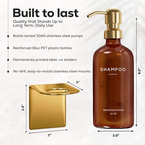 Luxury Shampoo and Conditioner Dispenser Set Wall Mounted by Brighter Barns - Plastic Shower Dispenser Set - 3 Chamber Drill Free Shampoo Bottle - Modern Bathroom Decor for Guest Bathroom (Amber Gold) - color: Amber Gold