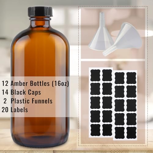 PINIWON 12 Pack 16 oz Amber Glass Bottles, Boston Round Sample Bottles with Black Poly Cone Caps, Labels and Funnels - color: Amber