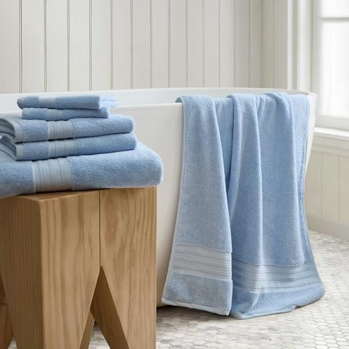 Martha Stewart - Bath Towels, Soft & Absorbent 100% Cotton Towels, Plush 700 GSM, 6-Piece Bathroom Towel Set with Textured Dobby Weave (Skyland Manor Blue) - color: Skyland Manor Blue
