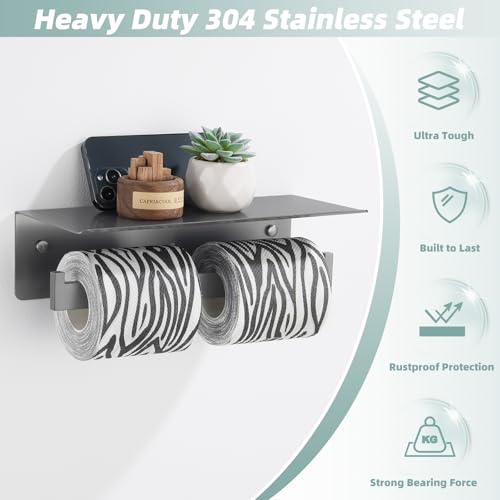 APLusee Gunmetal Gray Double Toilet Paper Holder with Shelf, 304 Stainless Steel Bathroom Tissue Roll Holder, Wall Mounted Paper Dispenser for Bathroom Kitchen, Fits Mega Rolls - color: Gun Gray, size: Double Rod