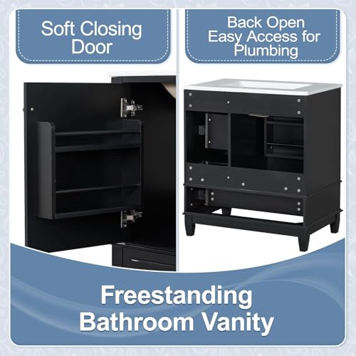 Linique 30" Bathroom Vanity with Sink Combo Set, Solid Wood Frame Bathroom Storage Cabinet with 3 Drawers, Soft Closing Cabinet Door with Organizer, Black - color: Black, size: 30"/ Door with Organizer