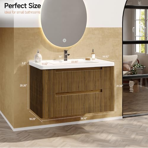 ONBRILL Modern Bathroom Vanity with Sink Combo, Curved Floating Bath Vanity with 2 Drawer, Wall Mount Bathroom Vanities with Integrated Ceramic Sink for Small Space, Apartment (Walnut, 24") - color: Walnut, size: 24"