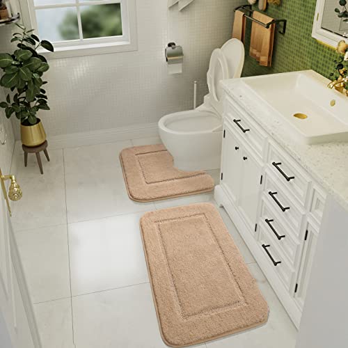LOCHAS Bathroom Rug Set Beige, Soft Bath Rug Set 2 Piece, Toilet Mat U-Shaped 20x20 and 34x20 Bath Rugs, Quickly Dry Mats for Bathroom, Tub, Washable, Super Absorbent Floor Mat - color: Beige, size: 34" x 20" Plus 20" x 20" (U-Shape)