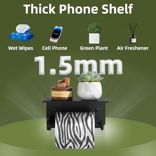 Toilet Paper Holder with Phone Shelf, APLusee SUS 304 Stainless Steel Bathroom Tissue Holder, Wall Mounted Roll Paper Dispenser, Matte Black - color: Matte Black, size: Single Rod