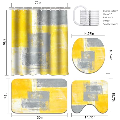 Lnond 4Pcs Bathroom Shower Curtain Sets with Rugs,Yellow and Grey Painting Art Bathroom Sets with Shower Curtain and Rugs and Accessories - color: Yellow Grey Abstract-01