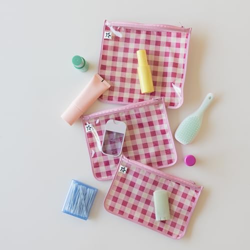 Tiny Twinkle Diaper Bag Organizing Pouches|3 Pack Mess-Proof Clear Front Travel Organizer Bags&TSA Approved Toiletry Bag Set for Baby and Mom Essentials - color: Raspberry Gingham