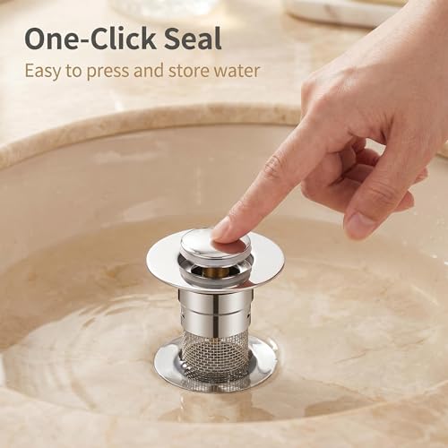 4-Piece Sink Drain Kit: Stainless Steel Strainer Stopper with Handle & Removable Hair Catcher for Kitchen/Bathroom Sinks (1.34"-1.57" Hole), Includes 2 Rubber Gaskets