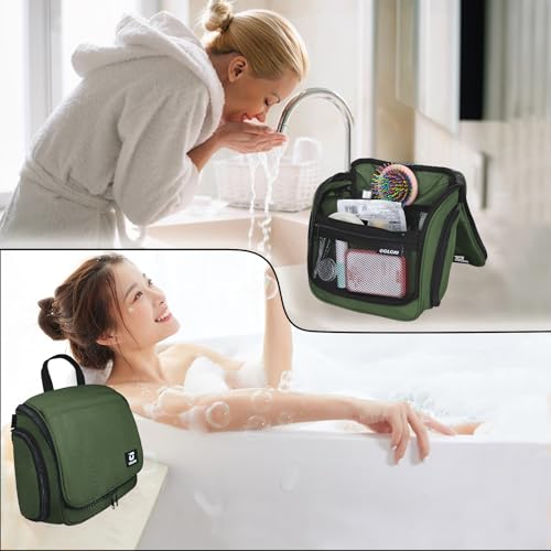 Goloni Hanging Toiletry Bag, 10 Compartments Water-Resistant Makeup Bag with 360° Spinning Metal Hook, Large Travel Cosmetic Organizer for Men & Women, Green (7.05oz) - color: Green