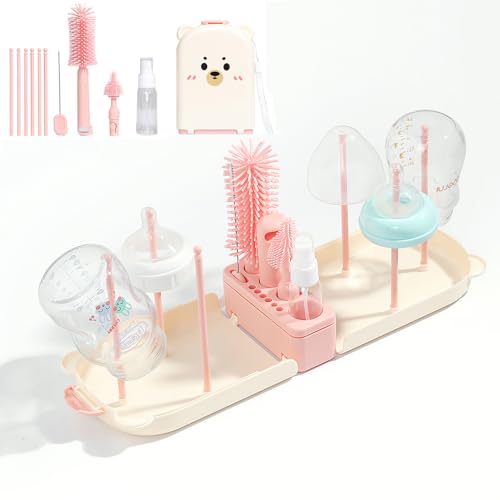 6 In1 Baby Bottle Brush Kit,Portable Silicone Bottle Brush Cleaner Set with Straw Brush,Nipple Brush,Drying Rack,Soap Dispenser,Storage Bag for Travel or Home,Compact&Space-Saving(Pink)